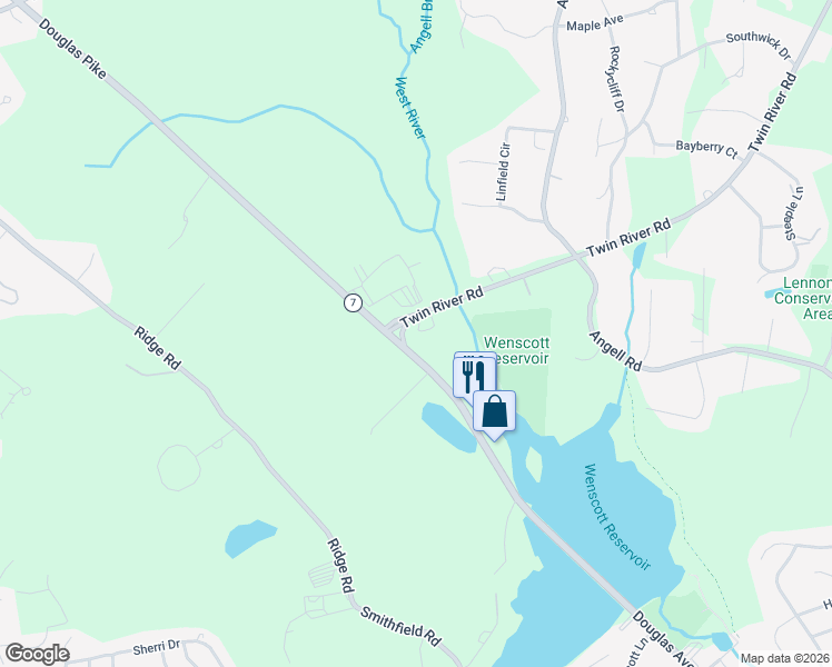 map of restaurants, bars, coffee shops, grocery stores, and more near 1 Twin River Road in Lincoln