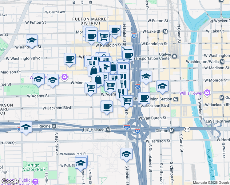map of restaurants, bars, coffee shops, grocery stores, and more near 113 South Peoria Street in Chicago