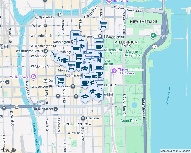map of restaurants, bars, coffee shops, grocery stores, and more near 63 East Adams Street in Chicago