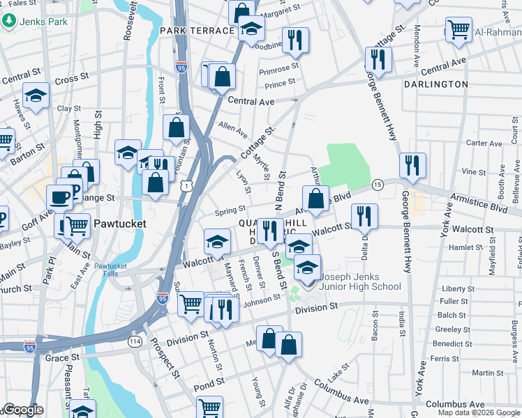 map of restaurants, bars, coffee shops, grocery stores, and more near 66 Lyon Street in Pawtucket