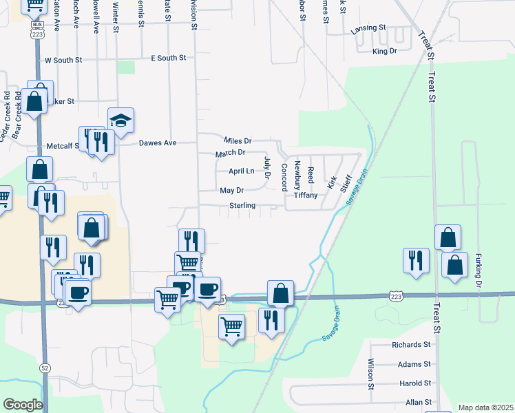 map of restaurants, bars, coffee shops, grocery stores, and more near 412 May Drive in Adrian
