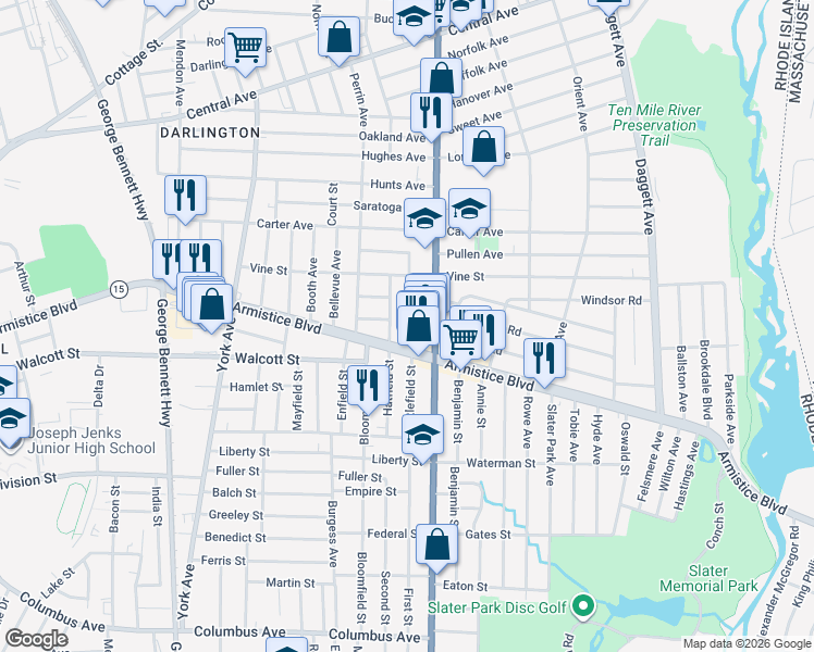map of restaurants, bars, coffee shops, grocery stores, and more near 38 Littlefield Street in Pawtucket