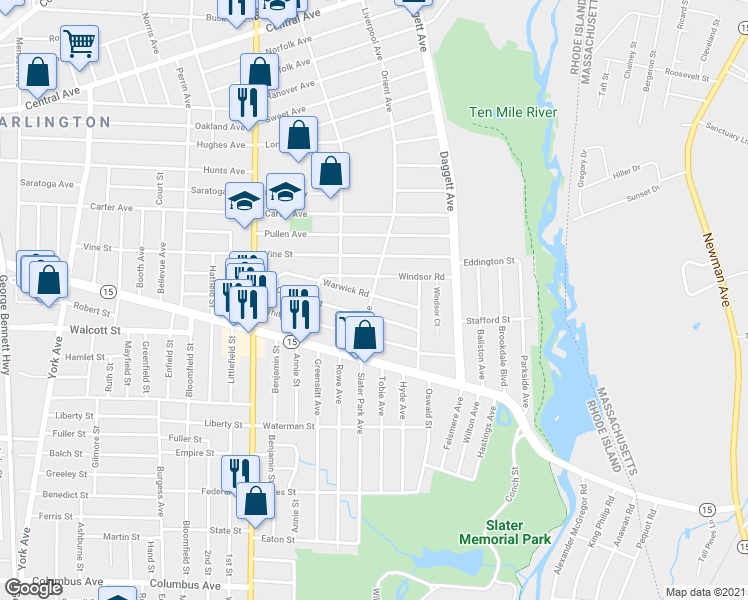 map of restaurants, bars, coffee shops, grocery stores, and more near 109 Warwick Road in Pawtucket