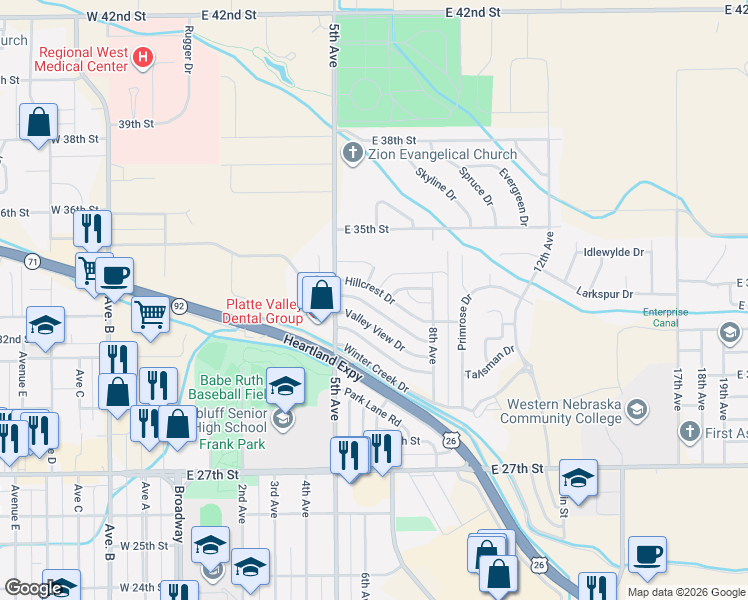 map of restaurants, bars, coffee shops, grocery stores, and more near Sunrise Drive in Scottsbluff