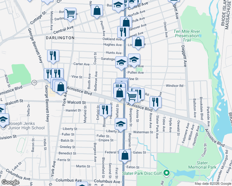 map of restaurants, bars, coffee shops, grocery stores, and more near 38 Littlefield Street in Pawtucket