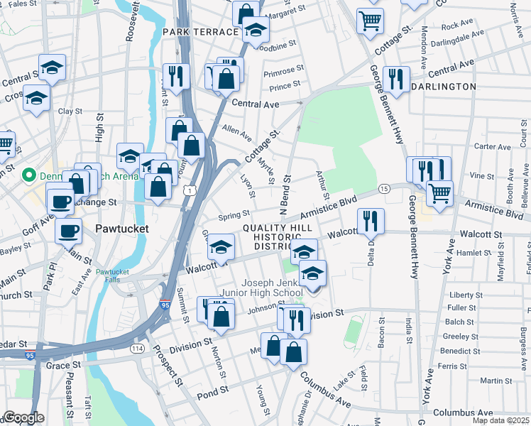 map of restaurants, bars, coffee shops, grocery stores, and more near 66 Lyon Street in Pawtucket