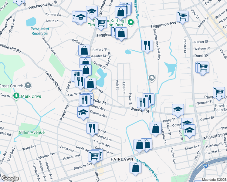 map of restaurants, bars, coffee shops, grocery stores, and more near 20 Columbia Avenue in Lincoln