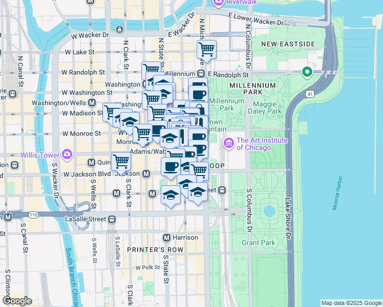 map of restaurants, bars, coffee shops, grocery stores, and more near 135 South Wabash Avenue in Chicago