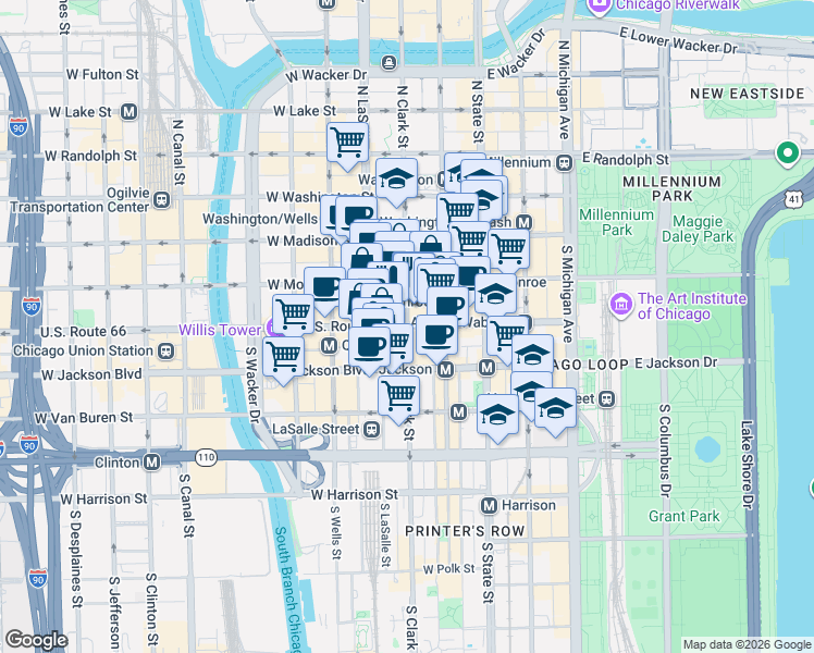map of restaurants, bars, coffee shops, grocery stores, and more near 135 South LaSalle Street in Chicago