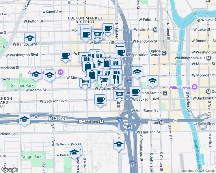 map of restaurants, bars, coffee shops, grocery stores, and more near 113 South Peoria Street in Chicago