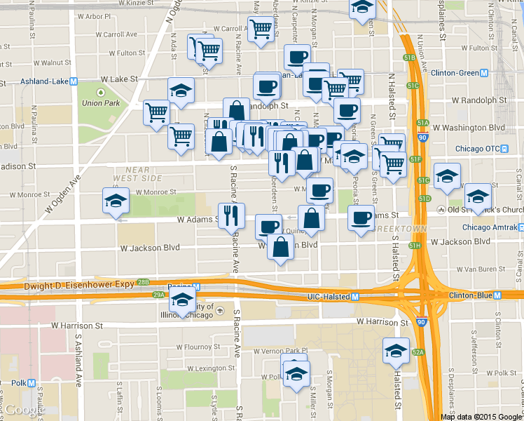 map of restaurants, bars, coffee shops, grocery stores, and more near 1113 West Monroe Street in Chicago