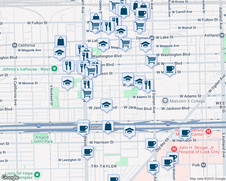 map of restaurants, bars, coffee shops, grocery stores, and more near 2222 West Monroe Street in Chicago