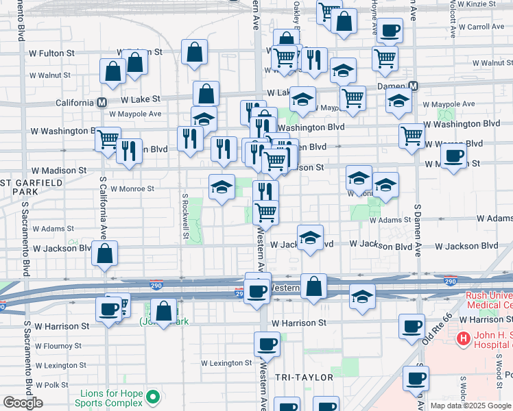 map of restaurants, bars, coffee shops, grocery stores, and more near 96 South Western Avenue in Chicago