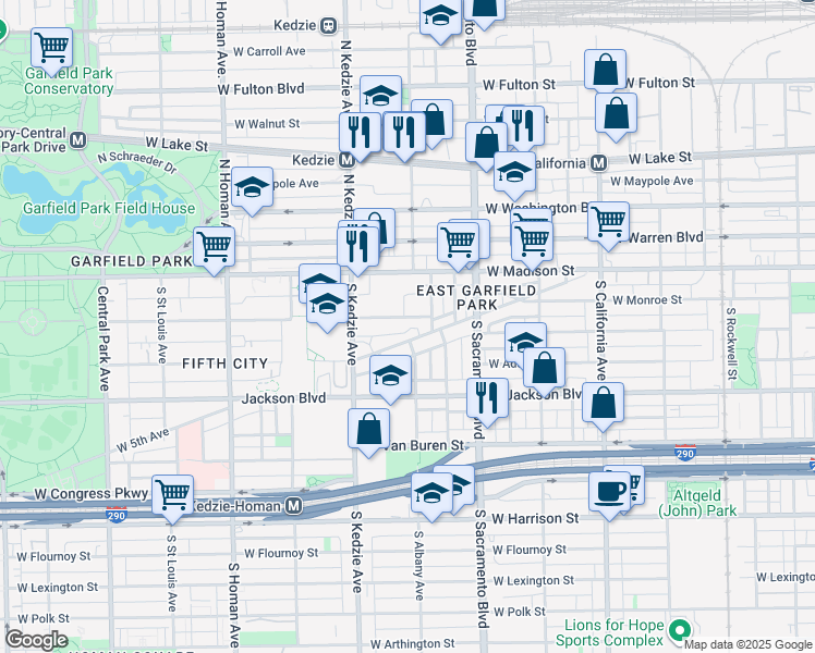 map of restaurants, bars, coffee shops, grocery stores, and more near 3112 West Monroe Street in Chicago