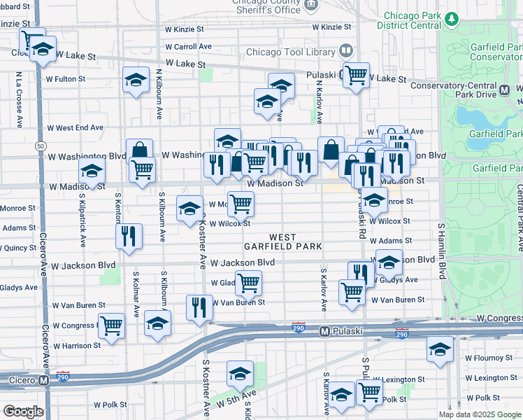 map of restaurants, bars, coffee shops, grocery stores, and more near 4236 West Monroe Street in Chicago