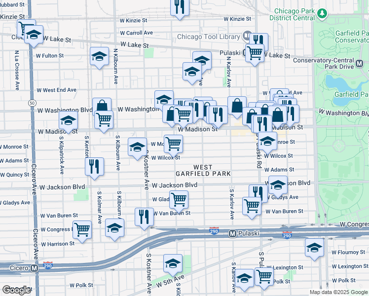 map of restaurants, bars, coffee shops, grocery stores, and more near 4236 West Monroe Street in Chicago