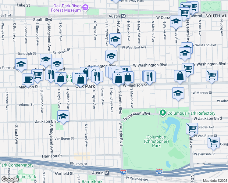 map of restaurants, bars, coffee shops, grocery stores, and more near 15 Madison Street in Oak Park