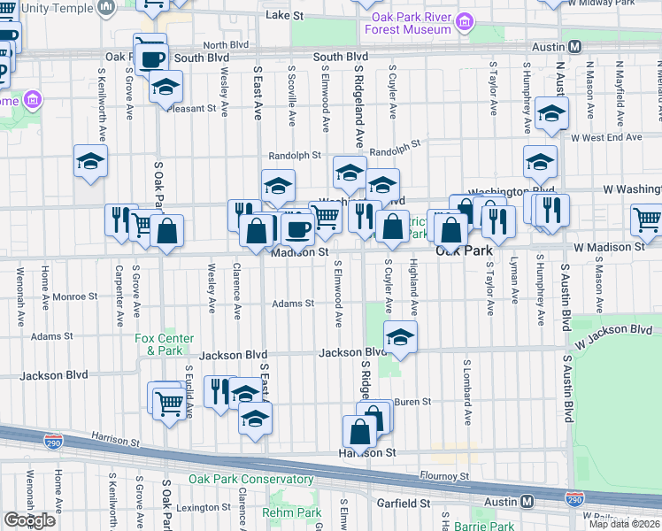map of restaurants, bars, coffee shops, grocery stores, and more near 438 Madison Street in Oak Park