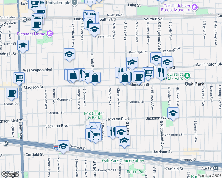 map of restaurants, bars, coffee shops, grocery stores, and more near 656 Madison Street in Oak Park