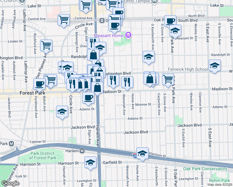 map of restaurants, bars, coffee shops, grocery stores, and more near 1100 Madison Street in Oak Park