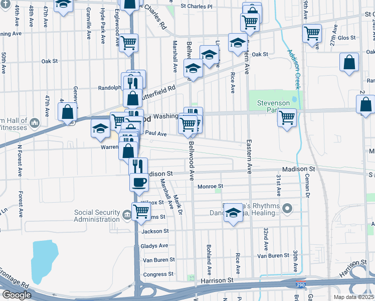 map of restaurants, bars, coffee shops, grocery stores, and more near Illinois Prairie Path in Bellwood