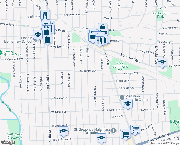 map of restaurants, bars, coffee shops, grocery stores, and more near 643 Bryan Street in Elmhurst