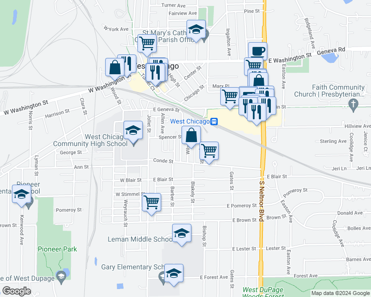 map of restaurants, bars, coffee shops, grocery stores, and more near 310 Wilson Avenue in West Chicago