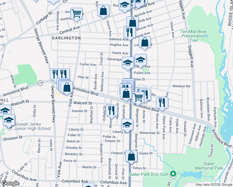 map of restaurants, bars, coffee shops, grocery stores, and more near 29 Alfred Street in Pawtucket