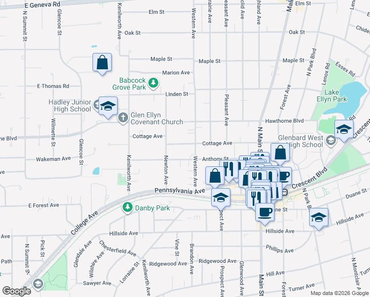 map of restaurants, bars, coffee shops, grocery stores, and more near 366 Cottage Avenue in Glen Ellyn