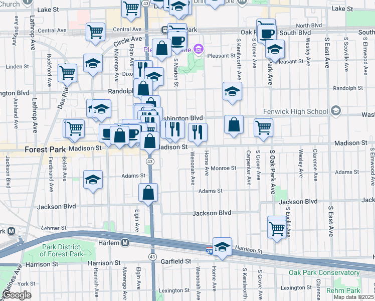 map of restaurants, bars, coffee shops, grocery stores, and more near 1035 Madison Street in Oak Park