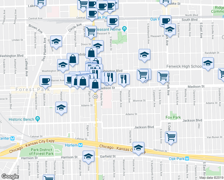 map of restaurants, bars, coffee shops, grocery stores, and more near 320 S Wisconsin Ave in Oak Park
