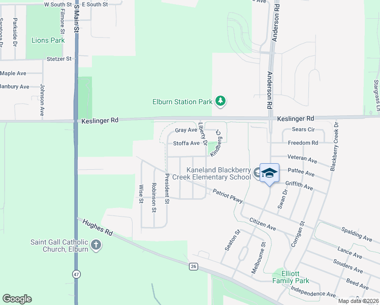 map of restaurants, bars, coffee shops, grocery stores, and more near 623 Stoffa Avenue in Elburn