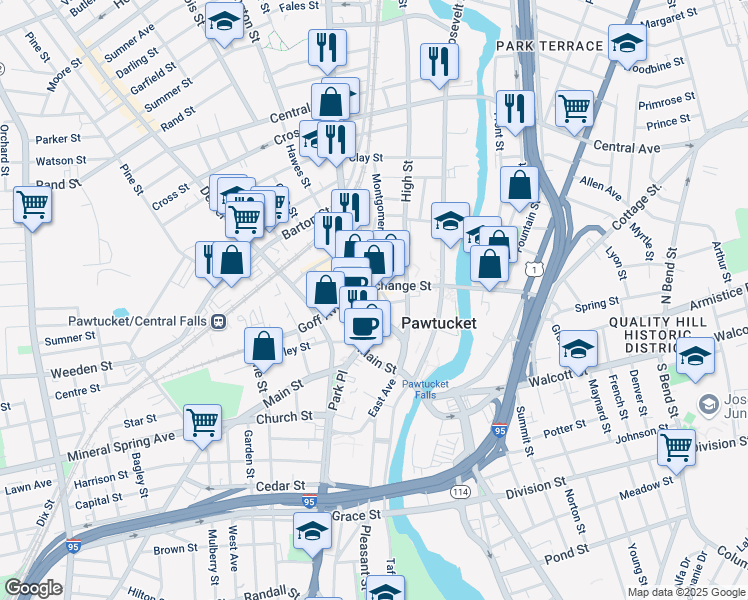 map of restaurants, bars, coffee shops, grocery stores, and more near in Pawtucket