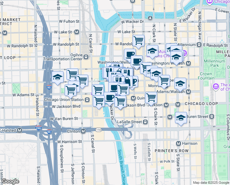 map of restaurants, bars, coffee shops, grocery stores, and more near 150 South Wacker Drive in Chicago
