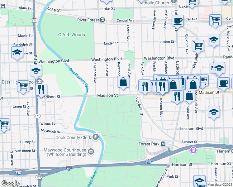 map of restaurants, bars, coffee shops, grocery stores, and more near 7952 Madison Street in River Forest