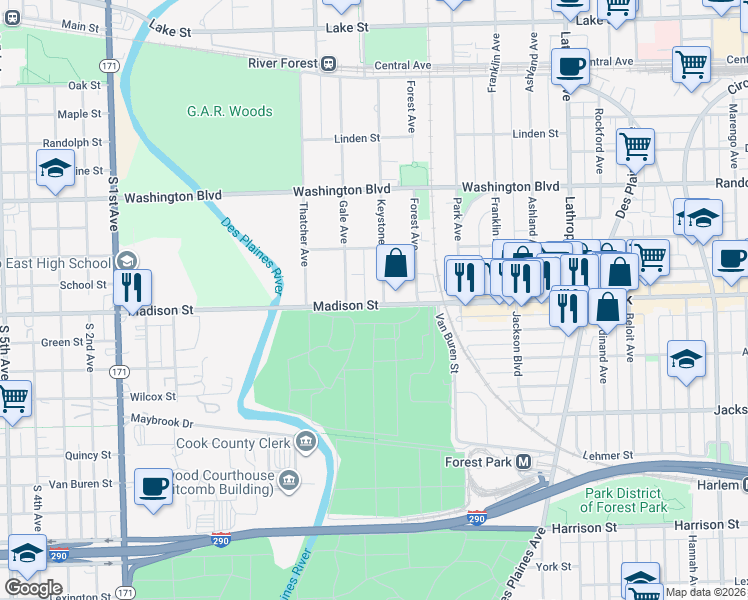 map of restaurants, bars, coffee shops, grocery stores, and more near 7952 Madison Street in River Forest