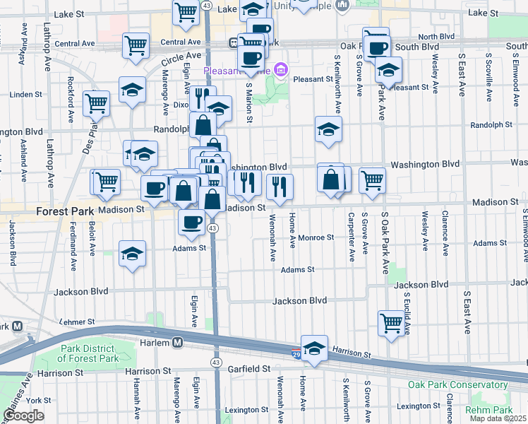 map of restaurants, bars, coffee shops, grocery stores, and more near 1035 Madison Street in Oak Park