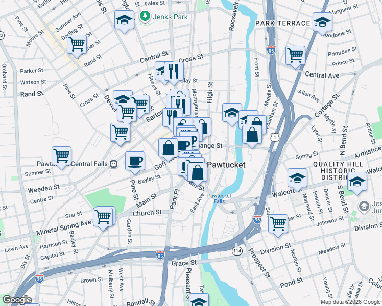 map of restaurants, bars, coffee shops, grocery stores, and more near 23 Exchange Street in Pawtucket
