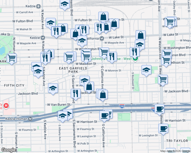 map of restaurants, bars, coffee shops, grocery stores, and more near 2828 West Wilcox Street in Chicago
