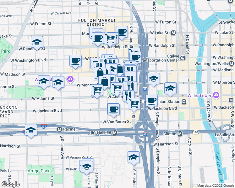 map of restaurants, bars, coffee shops, grocery stores, and more near 113 South Peoria Street in Chicago
