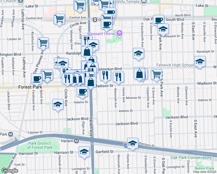map of restaurants, bars, coffee shops, grocery stores, and more near 1100 Madison Street in Oak Park