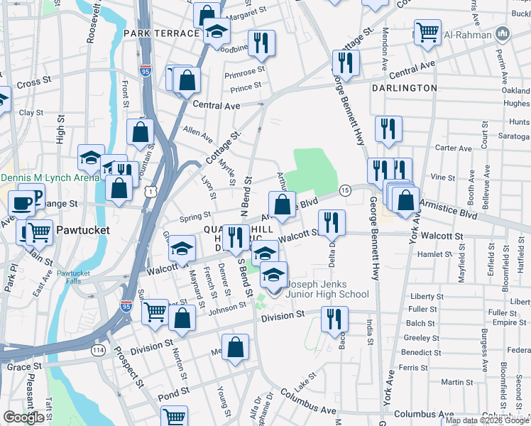 map of restaurants, bars, coffee shops, grocery stores, and more near 87 North Bend Street in Pawtucket