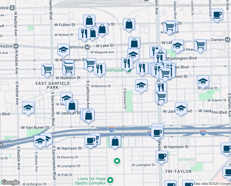 map of restaurants, bars, coffee shops, grocery stores, and more near 2626 West Wilcox Street in Chicago