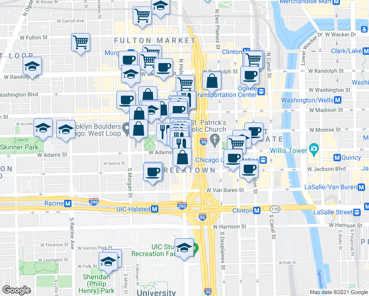 map of restaurants, bars, coffee shops, grocery stores, and more near 790 West Adams Street in Chicago