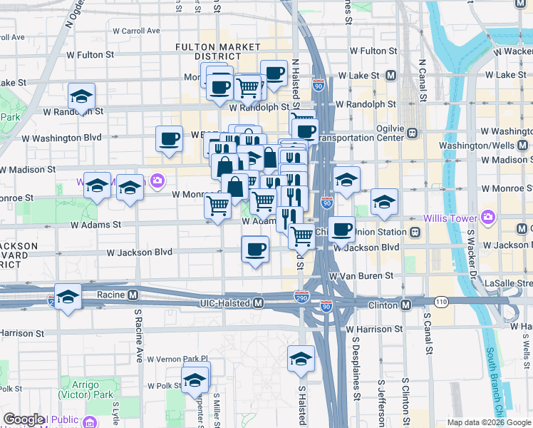 map of restaurants, bars, coffee shops, grocery stores, and more near 850 West Adams Street in Chicago