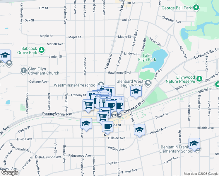 map of restaurants, bars, coffee shops, grocery stores, and more near 563 North Main Street in Glen Ellyn