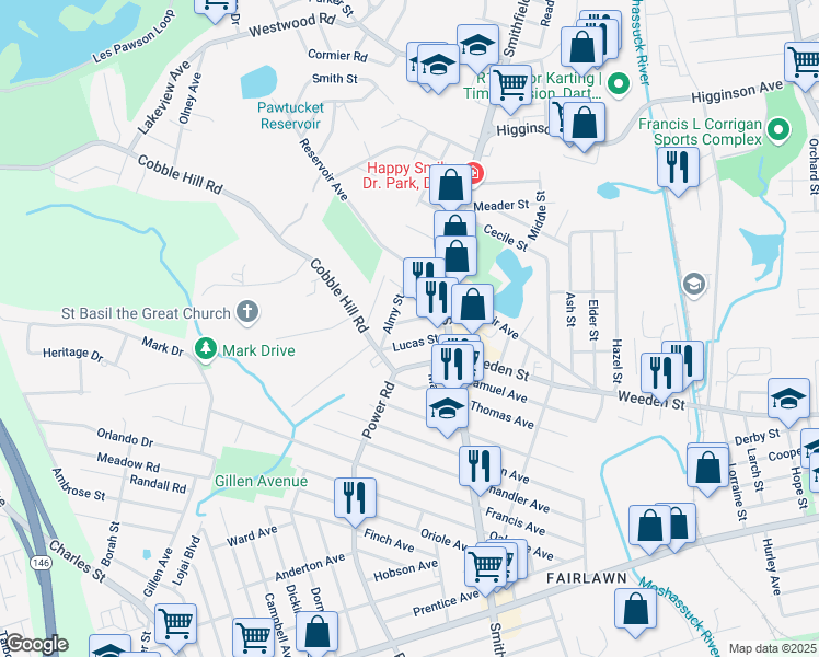 map of restaurants, bars, coffee shops, grocery stores, and more near 614 Smithfield Avenue in Lincoln