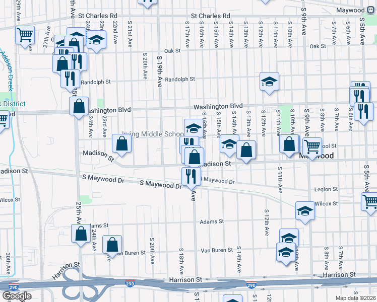 map of restaurants, bars, coffee shops, grocery stores, and more near 805 South 17th Avenue in Maywood