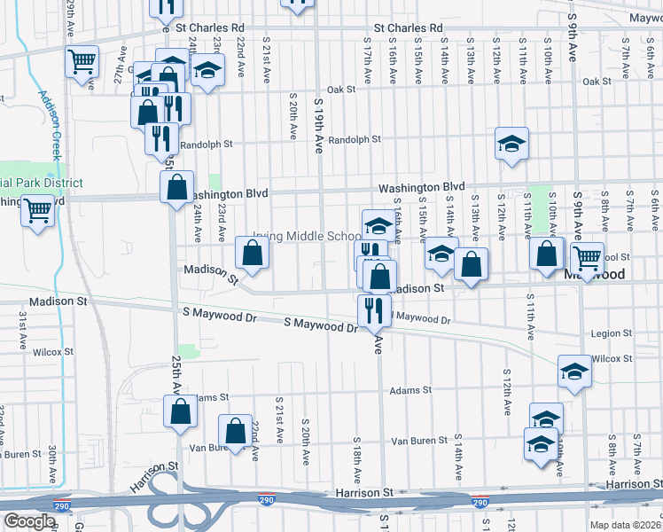 map of restaurants, bars, coffee shops, grocery stores, and more near 806 South 19th Avenue in Maywood
