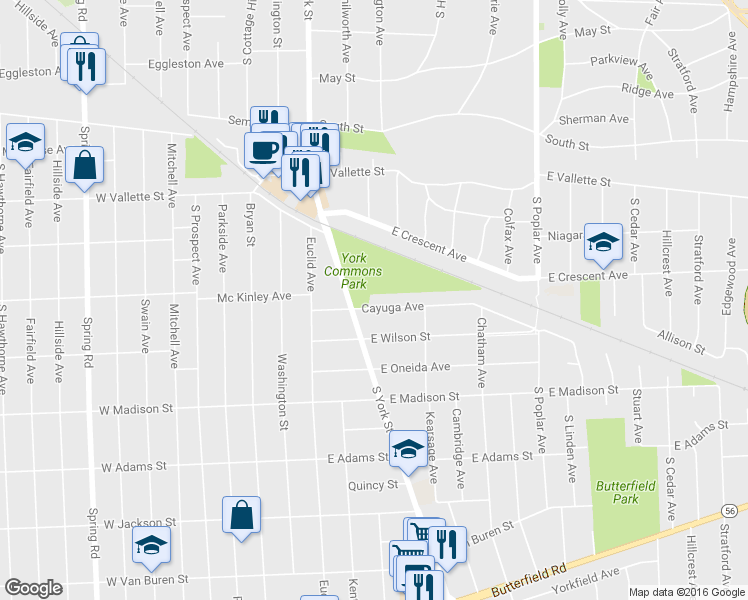 map of restaurants, bars, coffee shops, grocery stores, and more near 157 E Cayuga Ave in Elmhurst